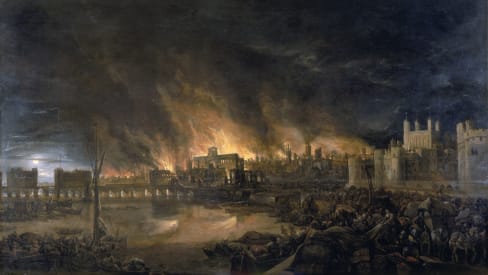 The Great Fire of London, an anonymous Dutch painting of 1675.