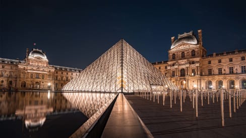 Louvre Museum outside view at night