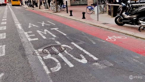 Bicycle lane shared with a taxi and bus lane in Valencia