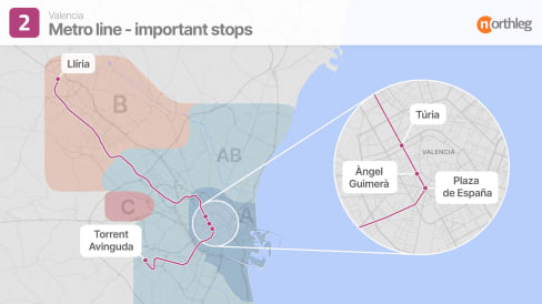 Valencia metro line 2 map - important stops