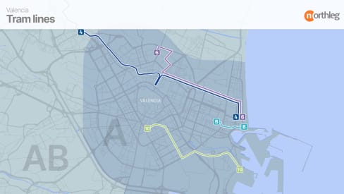 Mapa de líneas de tranvía en Valencia