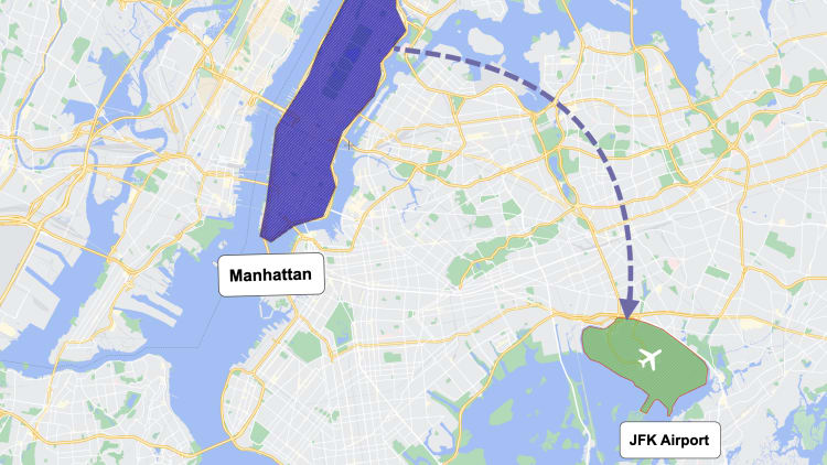 Location of the JFK Airport and Manhattan
