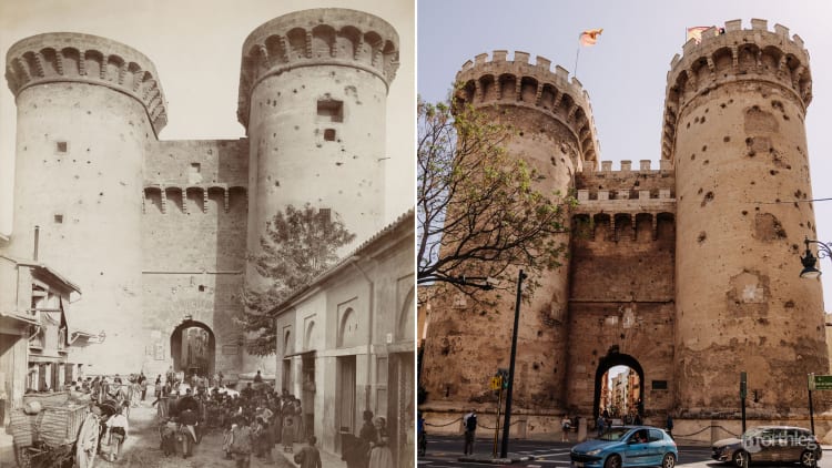 Side-by-side historical and modern images of the Quart Towers in Valencia, showing the medieval stone towers with their robust circular design and battle-scarred walls in both 1888 and 2022.
