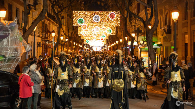 Participants wearing medieval costumes during Moros y Cristianos - Fallas Valencia