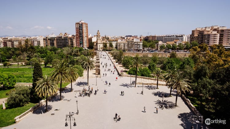 Aerial view of Serranos Bridge with pedestrians walking along a stone pathway, surrounded by palm trees and urban buildings in Valencia.