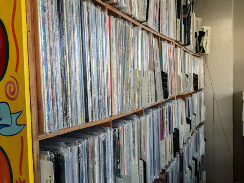 View of record rack in Holy Cow Records