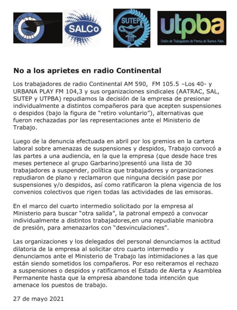 Comunicado trabajadores continental 