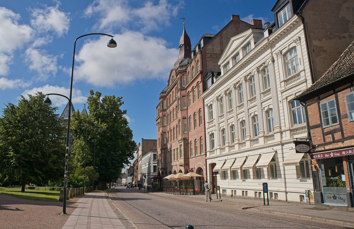 Bilden visar en gata med kullersten kantad av byggnader under en solig dag med delvis molnig himmel. Till vänster finns ett grönområde med stora träd och en gångstig. Flera gatlyktor står längs gatan och gångstigen. Byggnaderna varierar i stil; en by