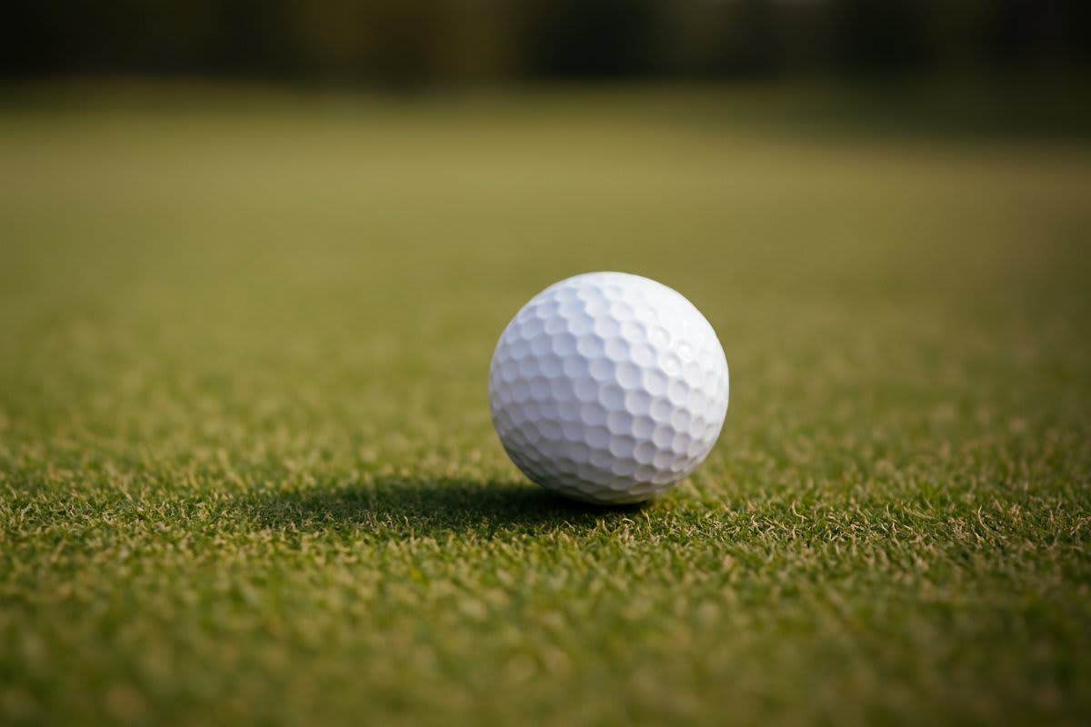 Bilden visar en ensam vit golfboll placerad på en gräsyta. Bollen har det karakteristiska mönstret av små gropar. Gräset är övervägande grönt med inslag av gulare strån, vilket kan indikera variation i gräsmattan eller ljusförhållanden. En skugga fal