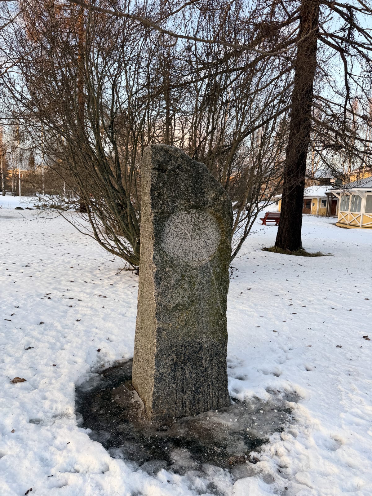 Bilden visar ett vinterlandskap med ett grått stenblock i förgrunden, delvis täckt av snö och is. Bakom stenblocket står en stor lövträd med kala grenar. Markytan är täckt av snö, med områden där snön smält och exponerar mörk mark. I bakgrunden skymt