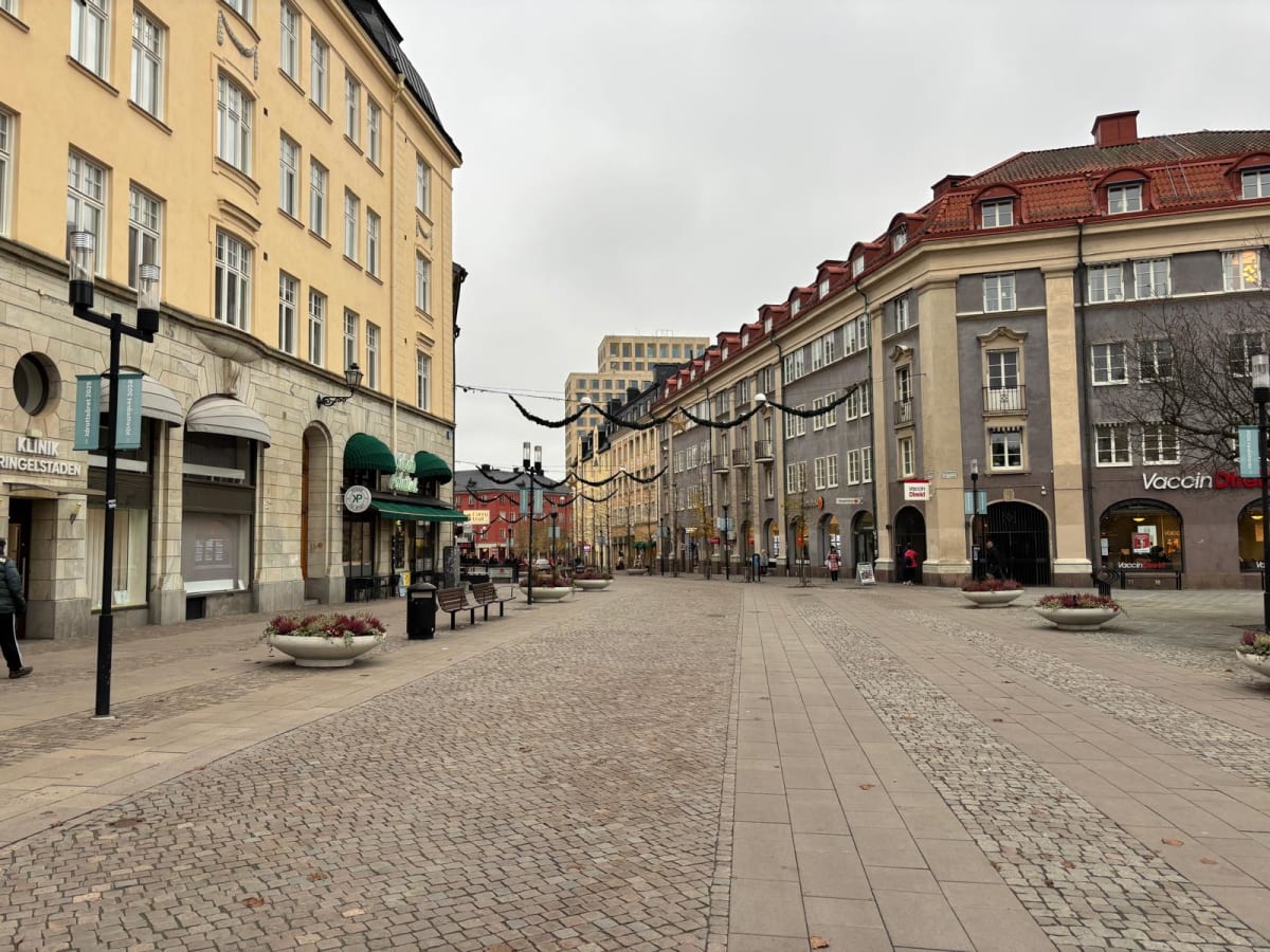 Bilden visar en gata i en stadskärna, sedd framåt längs gatan under en molnig grå himmel. Gatan är bred och består av kullersten i mitten med bredare plattlagda ytor längs sidorna. På båda sidor av gatan står flervåningshus med klassisk arkitektur. B