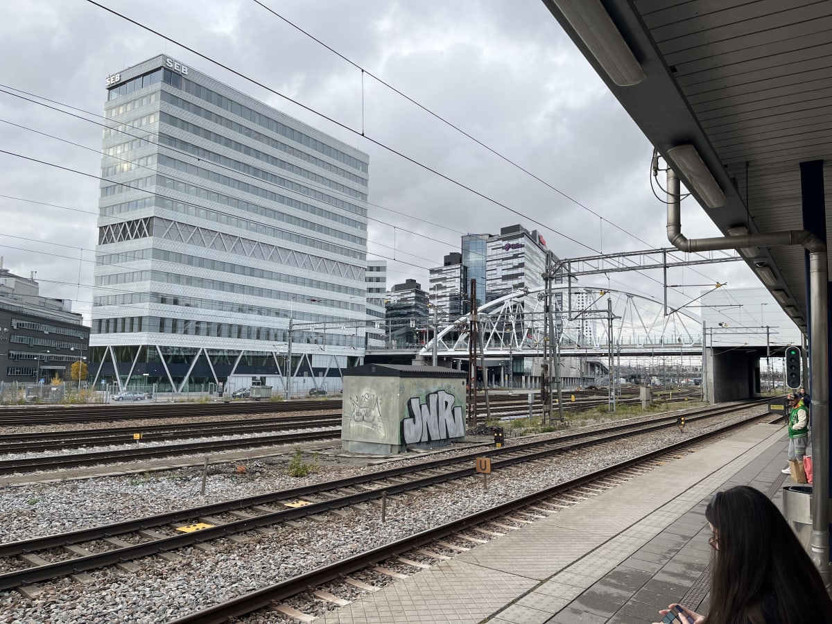 Bilden visar ett landskap med järnvägsspår i förgrunden och byggnader i bakgrunden. Ett stort vitt kontorshus med stora SEB-logotyper på taket dominerar vänster sida av bilden. I mitten bakom spåren syns flera moderna byggnader med glasfasader och en
