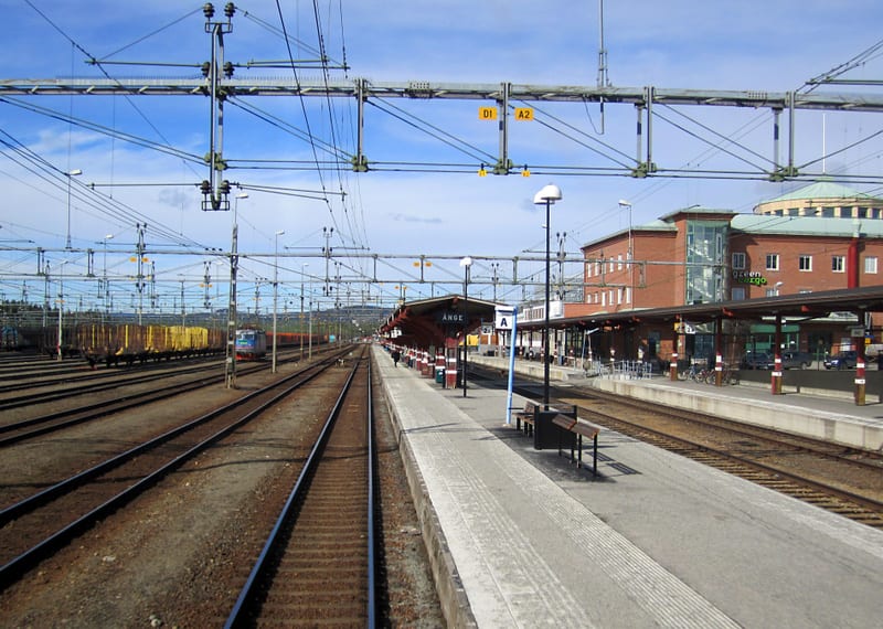Bilden visar ett brett panorama över en järnvägsstation med flera spår och perronger, sedd från en något upphöjd position. I förgrunden och till vänster löper ett flertal parallella järnvägsspår. Längre bak på vänster sida står ett godståg med vagnar