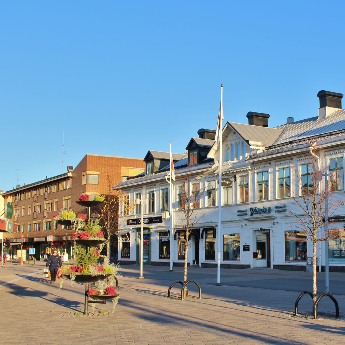 En gata i stadsmiljö på dagtid med byggnader och en trottoar. I förgrunden syns en person som går längs trottoaren, klädd i en mörk jacka med luva eller krage. På trottoaren finns tre blomsterarrangemang i olika nivåer som innehåller gröna växter med