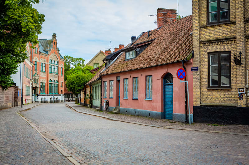 Bilden visar en kullerstensgata kantad av hus i varierande färger och byggstilar under en molnig dag. På vänster sida av gatan syns träd och ett tegelhus med en rödaktig fasad och gröna fönsterramar. Längre fram på vänster sida skymtar ytterligare by