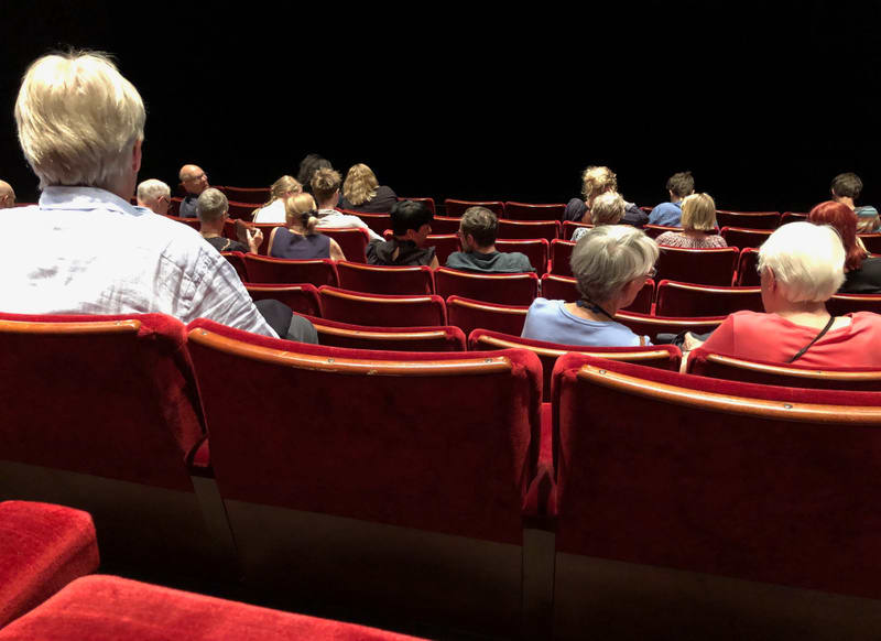 Bilden visar baksidan av en publik som sitter i röda sammetsstolar i vad som ser ut att vara en teater- eller konsertsal. Personerna är vända mot en mörk bakgrund, vilket indikerar att de tittar mot en scen. Ljuset kommer ovanifrån och lyser upp pers