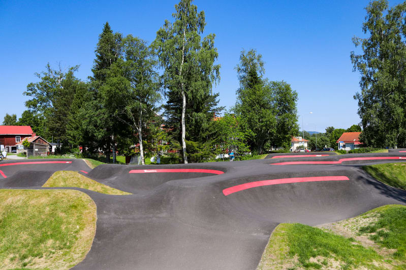 Bilden visar en pump track anlagd i ett grönområde. Pump tracken består av asfaltsbelagda kullar och kurvor med röda markeringar längs kanterna, samt gräsytor mellan sektionerna. I bakgrunden syns flera höga träd med gröna löv och barr, samt byggnade