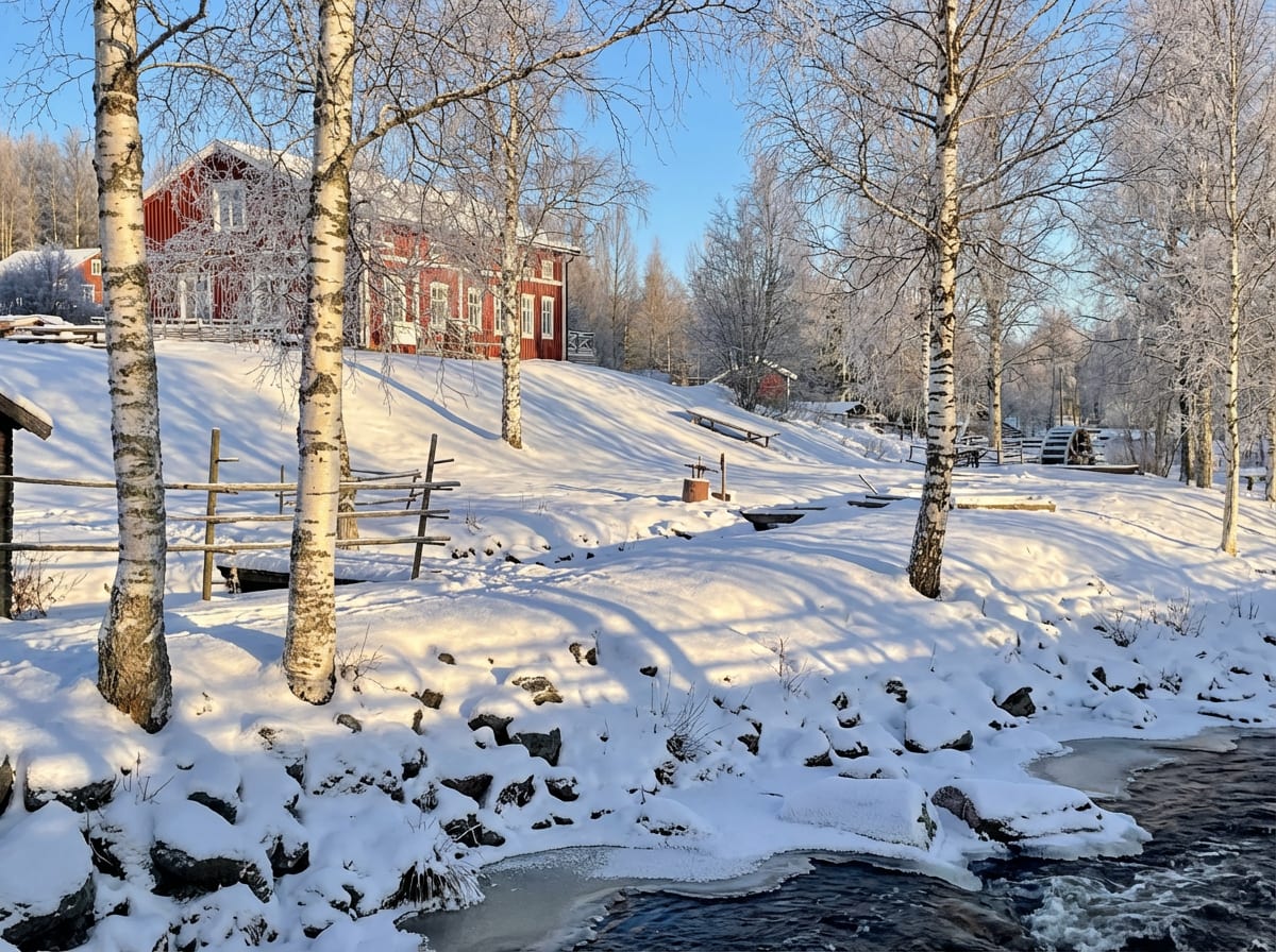 Bilden visar ett snötäckt vinterlandskap med ett rött hus i bakgrunden. En flod eller bäck rinner i förgrunden, delvis täckt av is och snö. Längs floden, till höger, syns vita, snöklädda stenar. Marken är täckt av ett tjockt snötäcke med långa skuggo