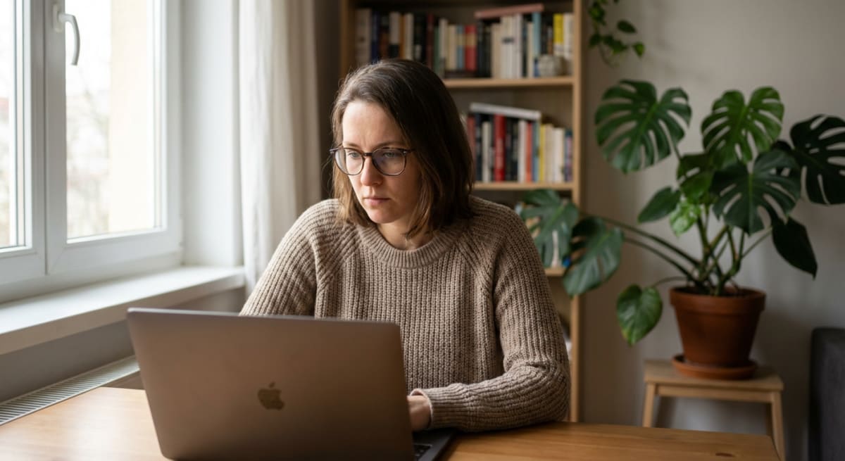 En kvinna sitter vid ett träbord och tittar koncentrerat på en öppen laptop med ett upplyst Apple-logo på baksidan av skärmen. Hon bär glasögon och en beigefärgad stickad tröja. Bredvid henne finns ett fönster genom vilket dagsljus strömmar in, och e
