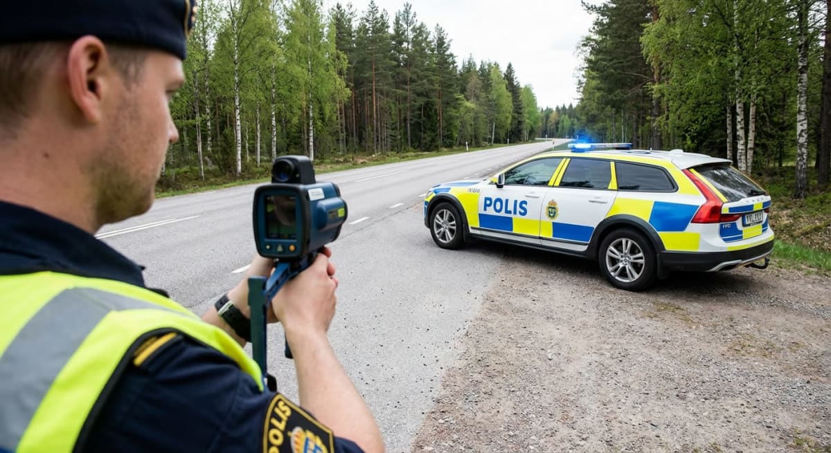 Bilden visar en polisman i förgrunden, sedd från axlarna och uppåt, som håller en blå och svart hastighetsmätare riktad mot en väg. Polismannen bär en mörkblå uniform med en gul reflexväst och en polismössa. Till höger om polismannen, parkerad delvis