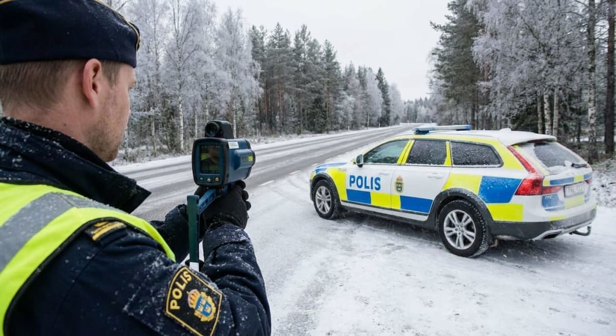 En bild tagen utomhus under vintertid visar en polisman som håller i en hastighetsmätare och riktar den mot en vägbana. Polismannen är klädd i mörkblå uniform med en gul reflexväst över. På uniformen syns en gul emblem med texten "POLIS" och tre kron