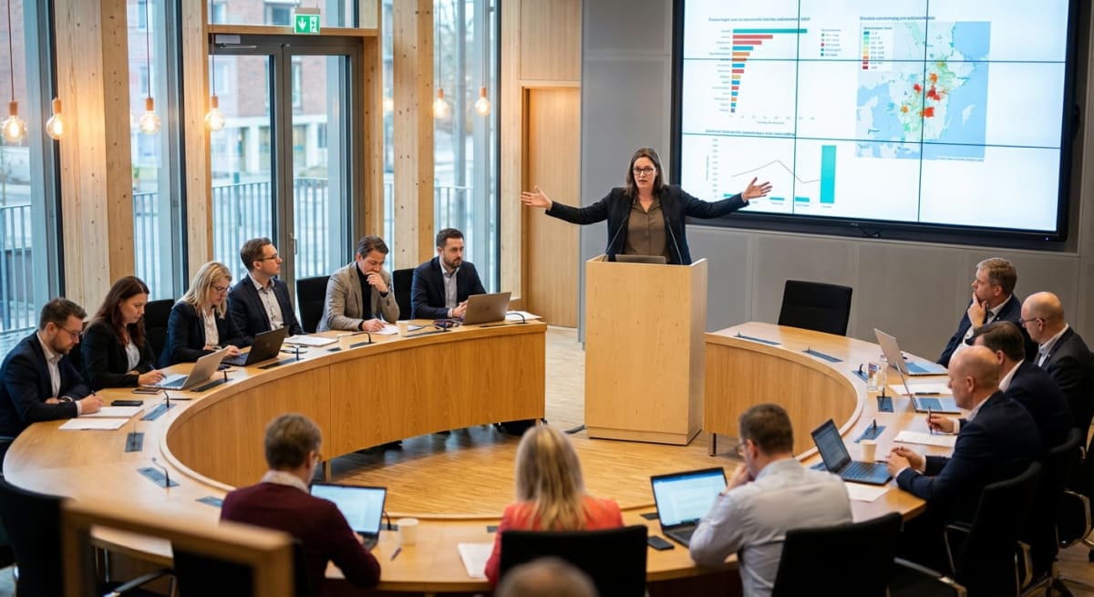 Bilden visar ett mötesrum med en grupp människor som deltar i en presentation. I mitten står en kvinna vid en talarstol och gestikulerar med armarna utsträckta medan hon talar. Bakom henne syns en stor skärm som visar grafer och en karta över Sverige med färgkodade områden. De övriga deltagarna sitter runt ett stort, böjt träbord, de flesta med öppna laptops framför sig. Några antecknar för hand, andra tittar på presentatören eller sina skärmar. Rummet har stora fönster i bakgrunden, som släpper in dagsljus och visar byggnader utanför. Väggarna är klädda med träpaneler och taket har synliga lampor med glödlampor. Stolarna ser ut att vara svarta kontorsstolar. Stämningen verkar vara formell och professionell.
