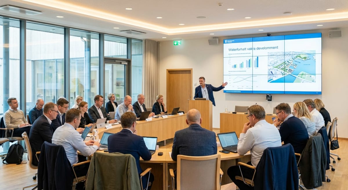 Bilden visar ett konferensrum där en man i mörk kostym håller en presentation för en grupp människor. Mannen står bakom en talarstol till höger i bilden och gestikulerar mot en stor skärm bakom honom. Skärmen visar en presentation med titeln "Waterförhatt vackra develemment" tillsammans med diagram och en karta över ett stadsutvecklingsområde vid vatten. Runt ett böjt konferensbord i trä sitter cirka 15 personer, kvinnor och män, vända mot presentatören och skärmen. Flera av deltagarna har laptops uppfällda framför sig. Rummet har stora fönster längs en långsida som släpper in dagsljus. Taket har infälld belysning. Över en dörr finns en grön utgångsskylt.
