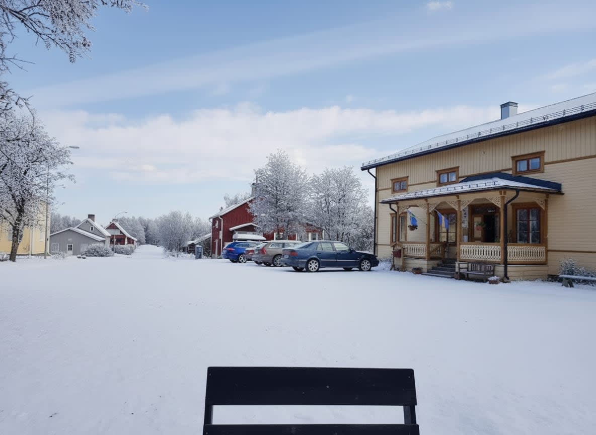 Bilden visar ett snötäckt landskap med flera byggnader och träd. I förgrunden syns en del av en svart bänk, och framför den breder ett vitt snötäcke ut sig. Till höger i bilden står en större ljusgul byggnad med en utbyggd veranda och trappa, den har