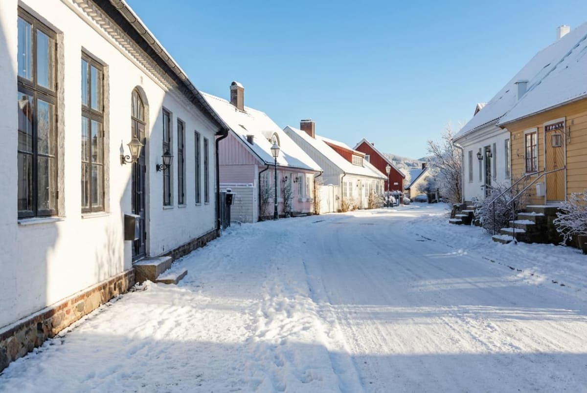 Bilden visar en snötäckt gata kantad av hus i olika färger under dagtid. Himmelen är klarblå och solen skiner, vilket skapar skuggor på gatan och snöytorna. Husen är i traditionell stil med snö på taken. Till vänster syns ett stort vitt hus med mörka