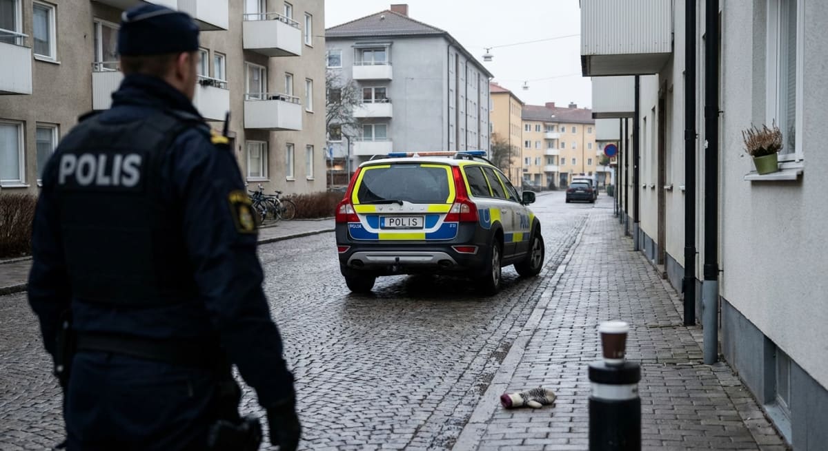 En bild som visar baksidan av en polisbil parkerad på en kullerstensgata. En polis i uniform står med ryggen mot kameran i förgrunden till vänster, vänd mot polisbilen. Polisbilen har texten "POLIS" synlig på bakluckan och registreringsskylten. På marken framför polisbilen, nära polisens högra fot, ligger en mönstrad vante. Mellan vanten och sidan av bilden finns en svart stolpe med en pappersmugg på toppen. Gatans underlag består av kullerstenar som ser fuktiga ut. Området är kantat av flerbostadshus på båda sidor av gatan. Husen i bakgrunden är ljusare, medan huset till höger i förgrunden har en ljus fasad med fönster och stuprör. Himlen är grå och mulen.