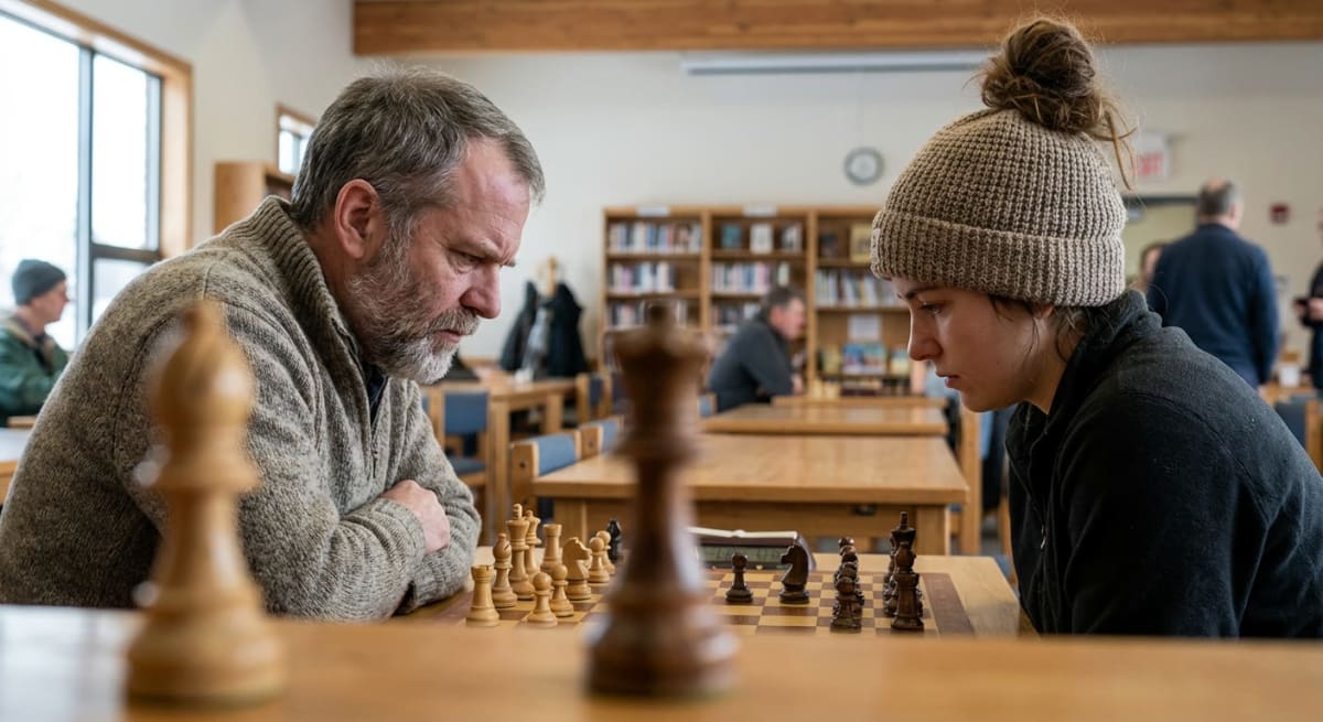 Bilden visar två personer, en man och en kvinna, som sitter mittemot varandra vid ett träbord och spelar schack. I förgrunden, ur fokus, syns en ljus schackpjäs och en mörk schackpjäs. Schackbrädet med vita och svarta pjäser är placerat mellan de två spelarna. Mannen, till vänster, har grått skägg och bär en stickad tröja. Han tittar koncentrerat ner på schackbrädet. Kvinnan, till höger, bär en stickad mössa och en mörk jacka. Även hon tittar fokuserat ner på brädet. Bakgrunden är suddig och visar vad som ser ut som ett bibliotek eller ett gemensamt utrymme med bokhyllor fyllda med böcker och andra personer sittande vid bord. Ett fönster syns i bakgrunden till vänster, och det verkar vara dagsljus ute. En klocka är synlig på väggen i bakgrunden till höger.