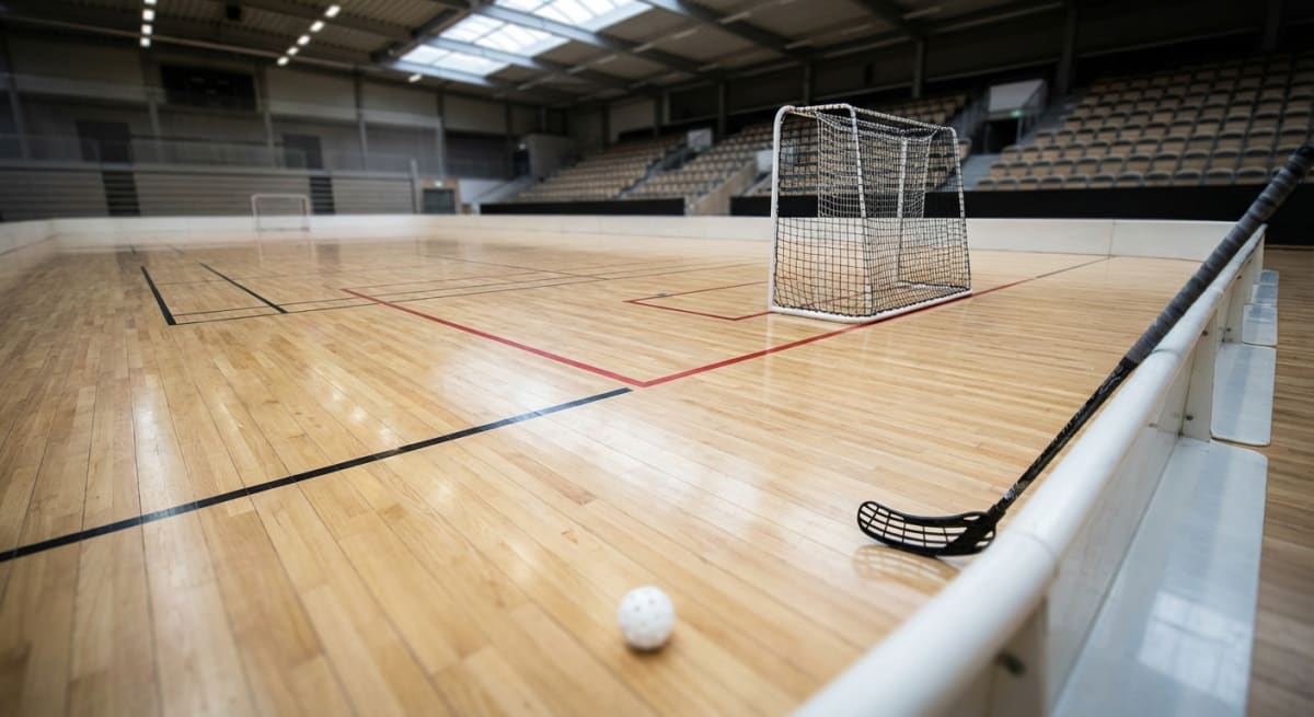 En bild visar en sporthall med ljust trägolv och tydliga linjer för någon typ av sportplan. I förgrunden syns en vit sarg samt en innebandyklubba och en vit innebandyboll. I bakgrunden finns en målbåge med nät och en läktare med sittplatser. Taket i sporthallen är grått och har fönster som släpper in dagsljus. Belysningen består av lysrör som är tända.