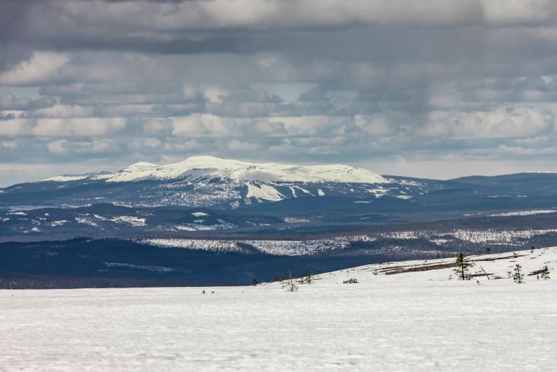 Bilden visar ett snötäckt landskap med berg och molnig himmel. I förgrunden syns en vidsträckt, platt yta täckt av snö, med några små, spridda träd eller buskar. Mellanförgrunden och bakgrunden består av mörka skogsområden som sträcker sig horisontel
