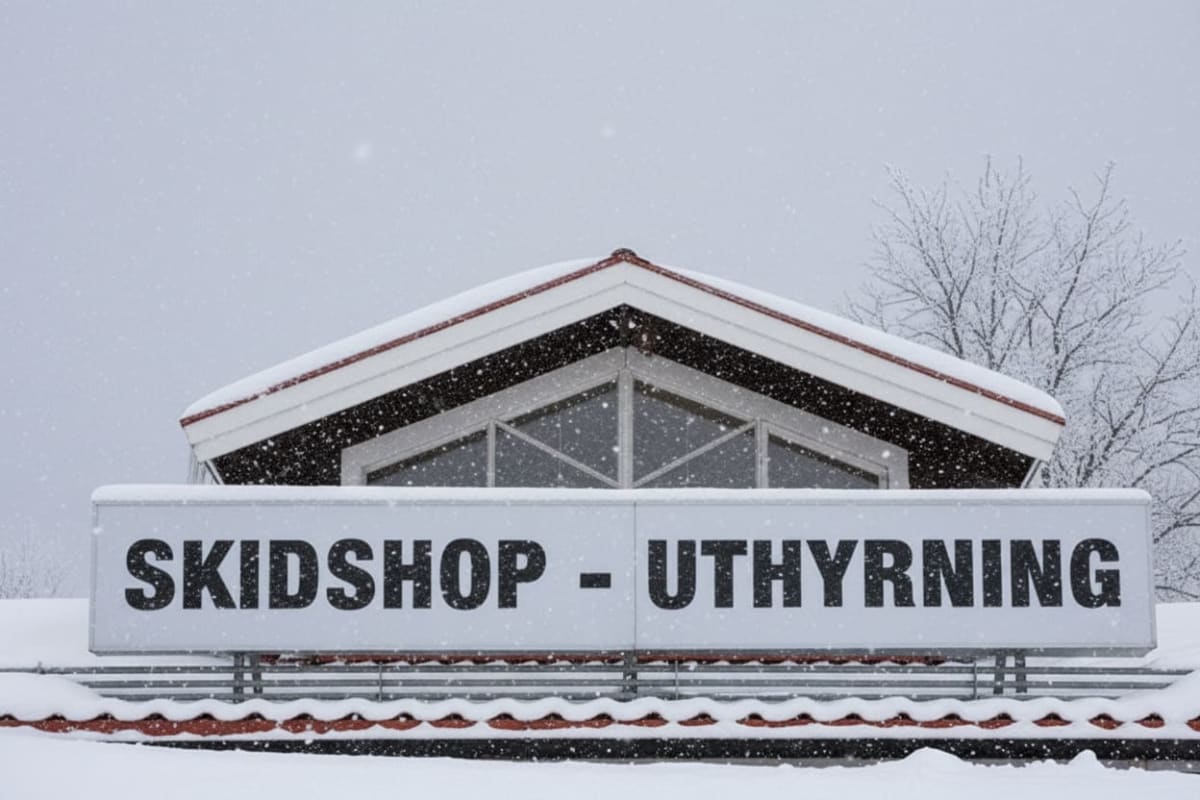 Bilden visar fasaden på en byggnad under ett snöfall. Byggnadens tak är snötäckt och har röda detaljer längs takfoten. Under takfoten finns ett stort fönsterparti med trekantiga fönsterrutor. Framför byggnaden syns en stor skylt med texten "SKIDSHOP - UTHYRNING" i svarta versaler på vit bakgrund. Skylten är också täckt med ett tunt lager snö. Snöfall syns tydligt mot den gråa himlen och marken samt andra ytor är snötäckta. Till höger om byggnaden syns konturerna av ett snötäckt träd utan löv.
