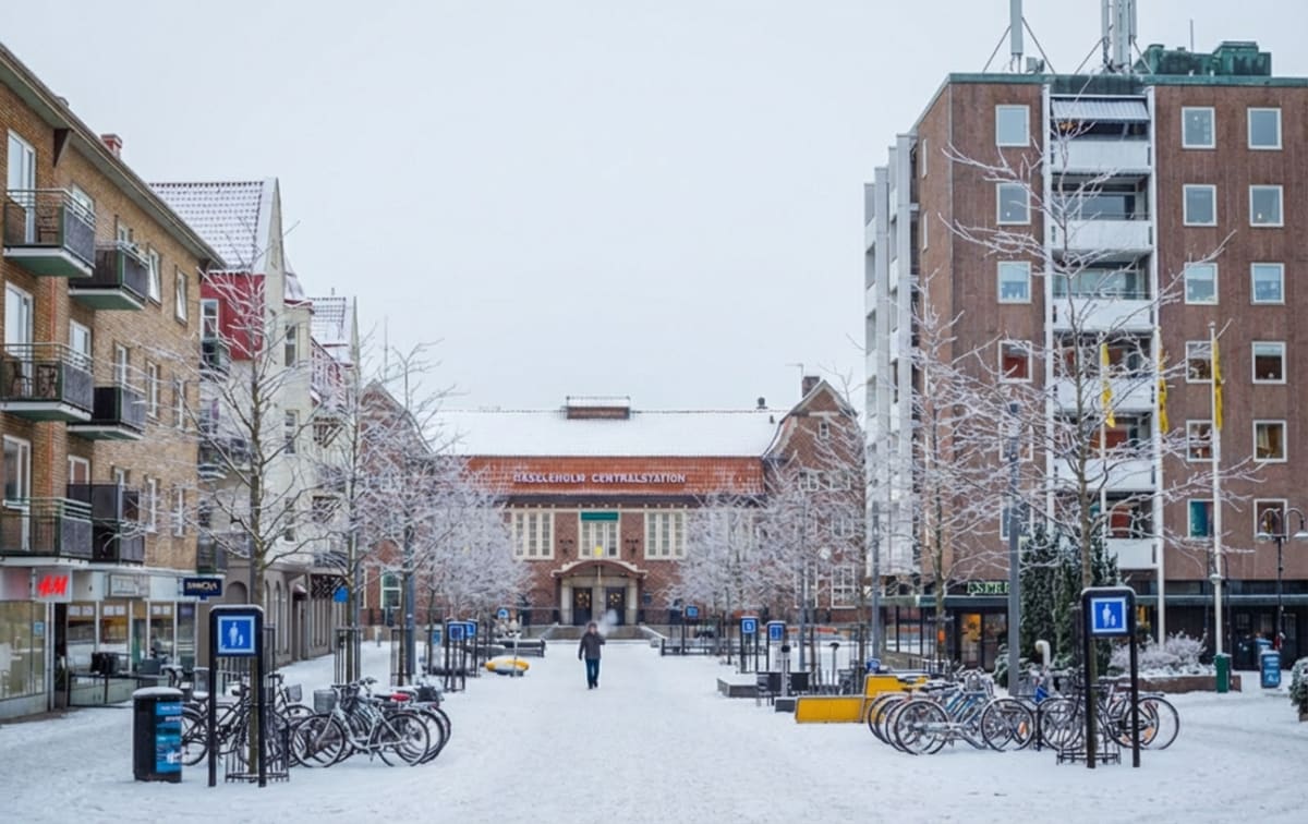 En bild visar ett snötäckt torg framför Hässleholms Centralstation med omgivande byggnader under vintertid. Mitt i bilden syns en stor tegelbyggnad med texten "HÄSSLEHOLM CENTRALSTATION" på fasaden. Till vänster och höger om stationsbyggnaden står flervåningshus, också i tegel, med balkonger. På marken ligger ett tjockt lager snö, och det syns cyklar parkerade i flera ställningar på båda sidor av torget. Träden på torget är kala och täckta av vit frost eller snö. En person går mitt på det snötäckta torget mot stationsbyggnaden. I förgrunden till vänster syns delar av en butik med skylten "H&M". På höger sida av torget skymtar en annan butiksfasad. Blå skyltar med vit symbol för gående indikerar förmodligen ett gångfartsområde eller liknande. Himmelen är ljusgrå och molnig.