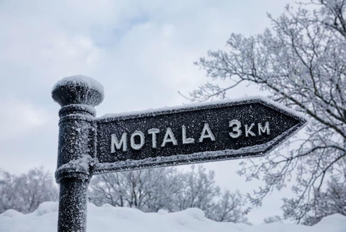 Bilden visar en svart vägskylt med texten "MOTALA 3KM" i vita eller ljusa bokstäver. Skylten pekar åt höger och sitter monterad på en stolpe, båda täckta med snö eller frost. I bakgrunden syns snötäckta träd och mark. Himlen är ljus och molnig. Vitt snö täcker marken under skylten och trädgrenarna är täckta av snö, vilket indikerar kallt väder. Det är en utomhusmiljö.