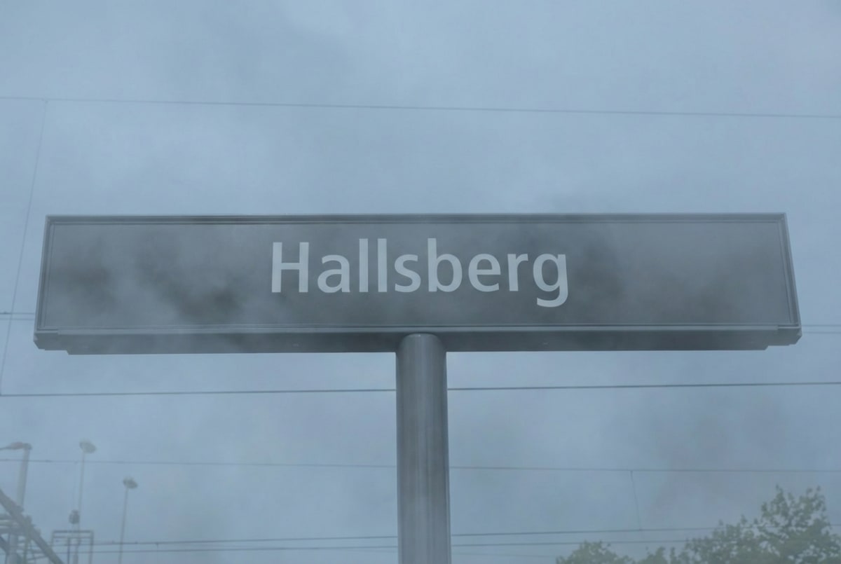En rektangulär skylt med texten "Hallsberg" i ljusa bokstäver mot en mörkare bakgrund. Skylten är fäst på en stolpe och i bakgrunden syns skymten av vad som kan vara elledningar och en grå himmel med moln. En del trädtoppar syns i nedre högra delen a