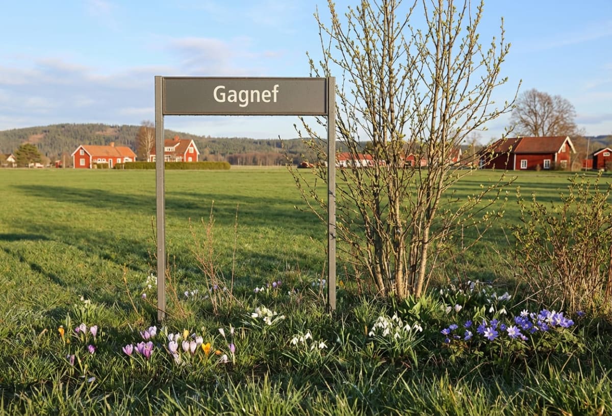 En landskapsbild av ett fält med en skylt märkt "Gagnef" i förgrunden. På fältet bakom skylten finns flera röda hus med vita knutar. Runt skyltfoten växer vårblommor som snödroppar, krokus och blåsippor samt en buske med små gröna knoppar. Himlen är