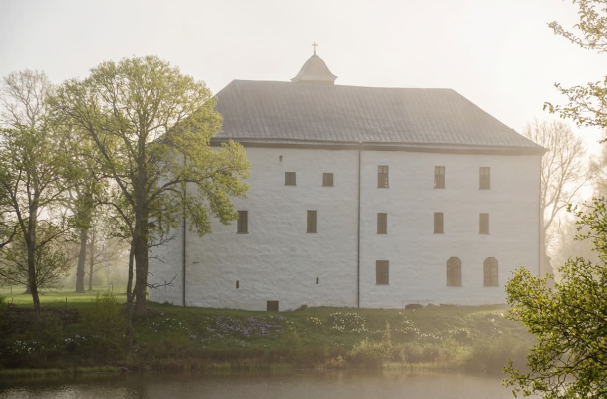 En stor vit byggnad med ett mörkt tak och en liten kupol med kors på syns under en ljus himmel. Flera träd med gröna löv omger byggnaden och speglar sig i vattnet i förgrunden, där det även syns blommor i gräset längs strandkanten. Luften är disig.
