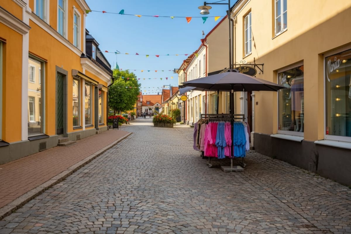 En kullerstensgata kantad av flervåningshus med butiksfönster. En klädställning med färgglada plagg under ett parasoll står på gatan. Små flaggor spänner mellan husen, och människor syns i fjärran. Träd och blomlådor bidrar till miljön.