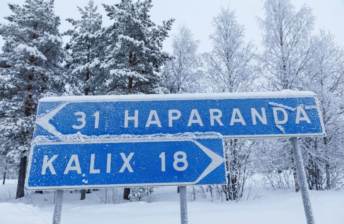 En blå skylt med vita bokstäver och siffror, täckt av is och snö. Texten anger "31 HAPARANDA" med en pil som pekar åt vänster, och "KALIX 18" med en pil som pekar åt höger. Bakom skylten syns snötäckta träd under en vit himmel.