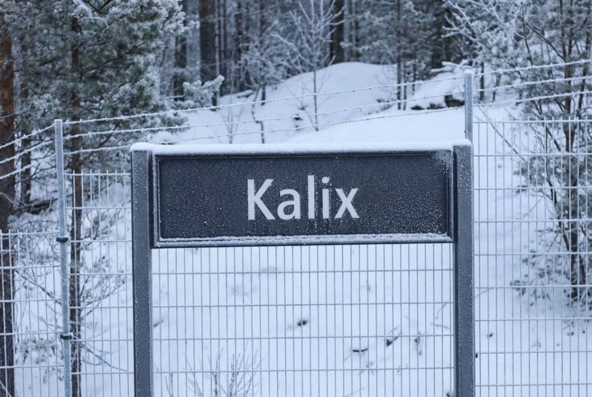 En svart skylt med texten ”Kalix” i vitt, placerad framför ett gråfärgat stängsel täckt av snö. I bakgrunden syns snötäckta träd och mark. Hela bilden är i kall färgton och domineras av vitt och grått.
