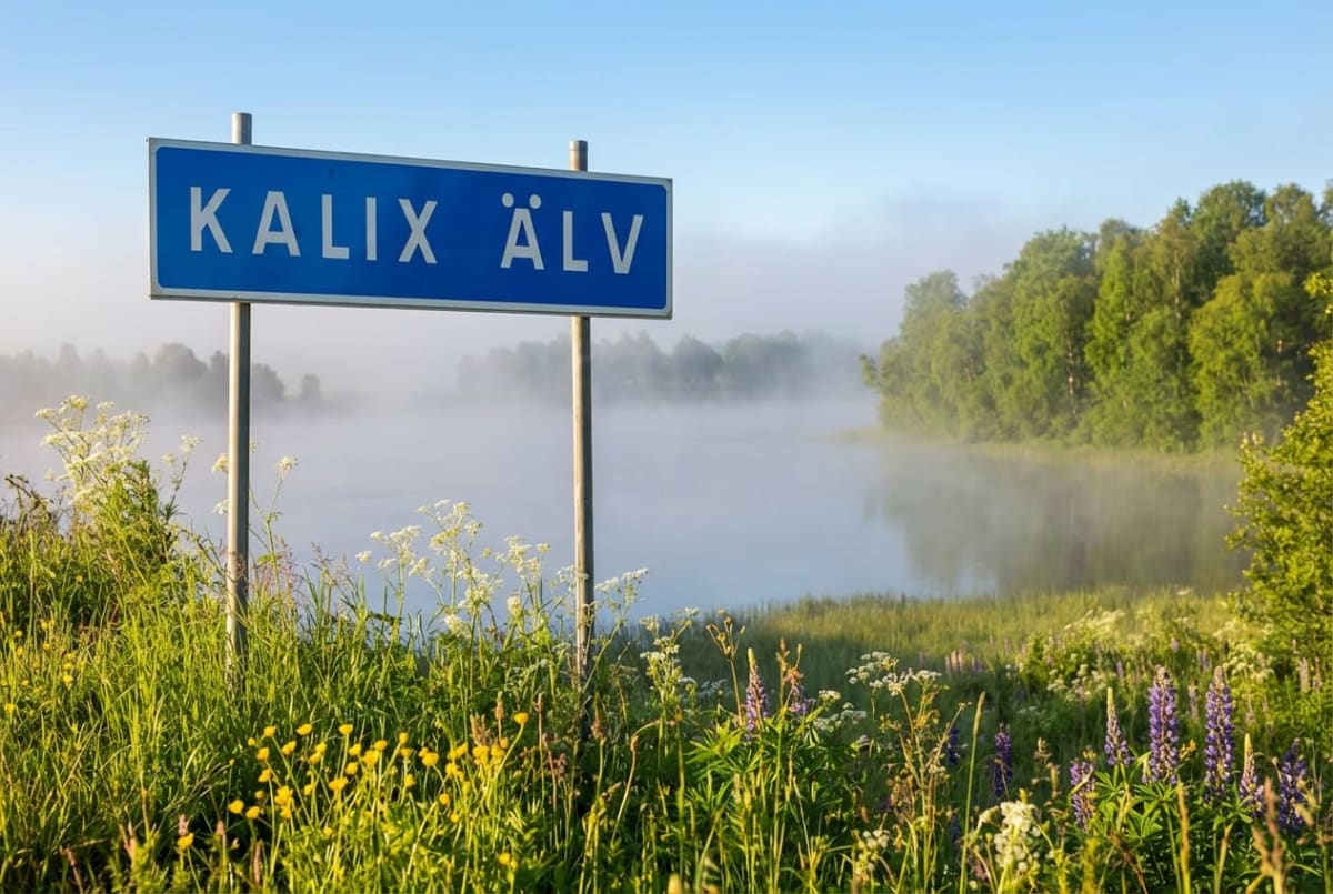 En blå skylt med texten "KALIX ÄLV" i vitt på två stolpar står i förgrunden. Bakom skylten breder en flod ut sig, delvis täckt av morgondimma. Gröna träd kantar flodbanken i bakgrunden. I förgrunden syns gräs och blommor i gult, lila och vitt under e