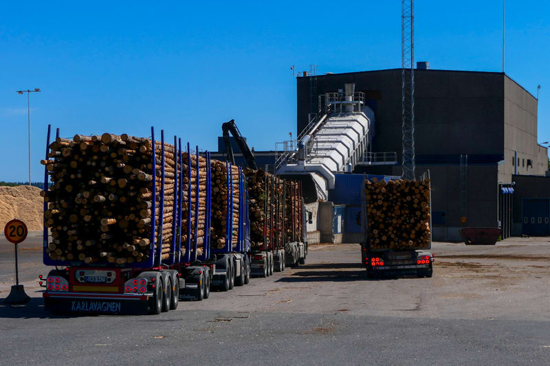 Bilden visar ett industriområde med tre lastbilar lastade med timmer uppradade på en asfalterad yta, samt en fjärde lastbil med timmer som står med bakdelen vänd mot betraktaren. I bakgrunden syns en stor, grå industribyggnad med ett transportband so