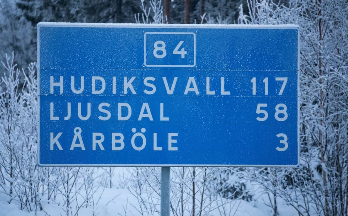 En blå vägskylt med vita bokstäver visar riktningar till Hudiksvall (117 km), Ljusdal (58 km) och Kårböle (3 km), samt vägnummer 84. Skylten och de omgivande träden är täckta av snö.