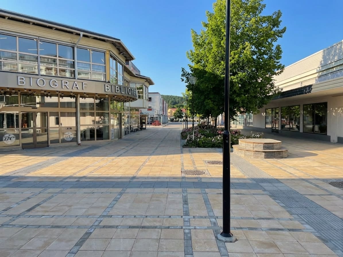 En bild av en tom gågata i solsken med en byggnad som skyltar "BIOGRAF" och "BIBLIOTEK" på vänster sida. Till höger finns ytterligare en byggnad med stora fönster, och i mitten av gatan står en lyktstolpe omgiven av träd och blomrabatter. En låg, cir