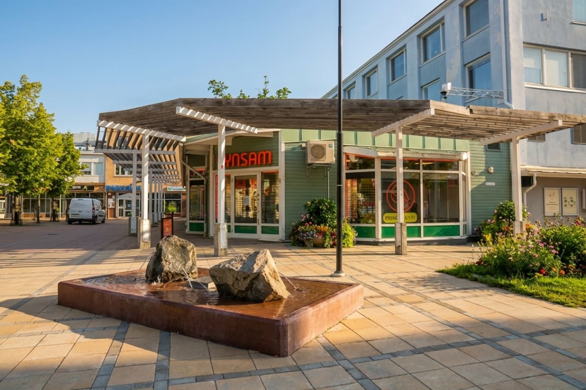 En utomhusbild som visar en torgmiljö med en modern vattenfontän i förgrunden, en grönmålad butiksfasad med skyltar och ett ljusblått flerfamiljshus i bakgrunden. Ett vitt fordon syns parkerat till vänster i bild under en trädkantad gångväg. Himlen ä