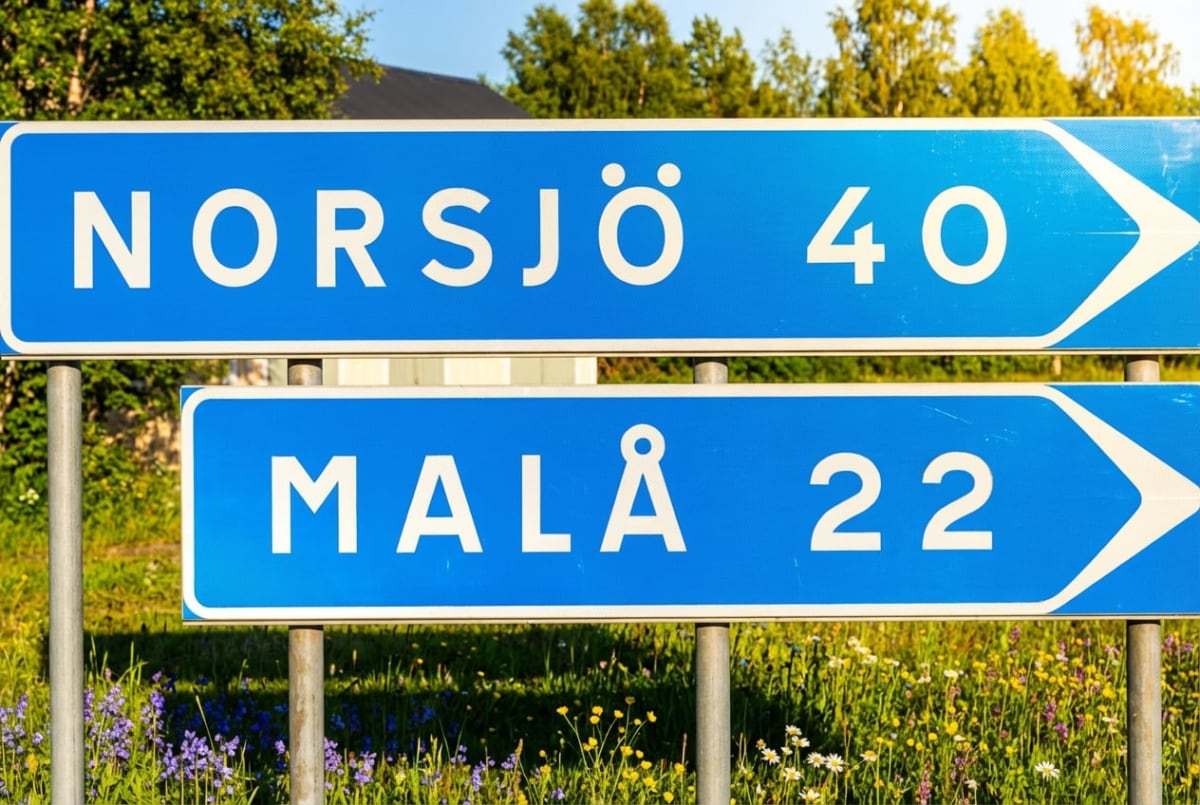 Bilden visar två blå vägskyltar med vit text och pilar. Den övre skylten pekar mot "NORSJÖ 40" och den nedre mot "MALÅ 22". Skyltarna är monterade på metallstolpar. I bakgrunden syns grön växtlighet, träd och en bit av en husfasad. Förgrunden består