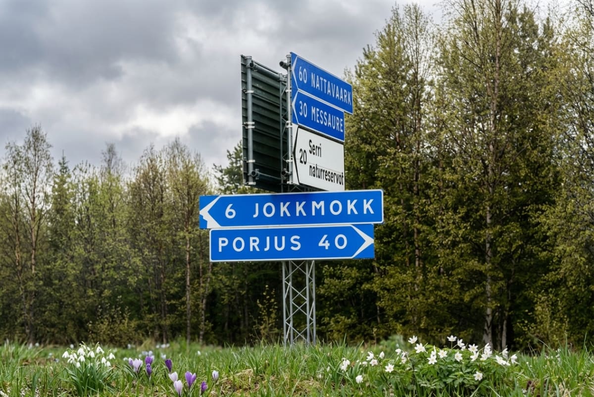En vägskylt med flera pilar och ortsnamn såsom Jokkmokk, Porjus, Nattavaara och Messaure, och en skylt för Särri naturreservat. Märken i marken visar krokusar och snödroppar, med träd i bakgrunden under en mulen himmel.
