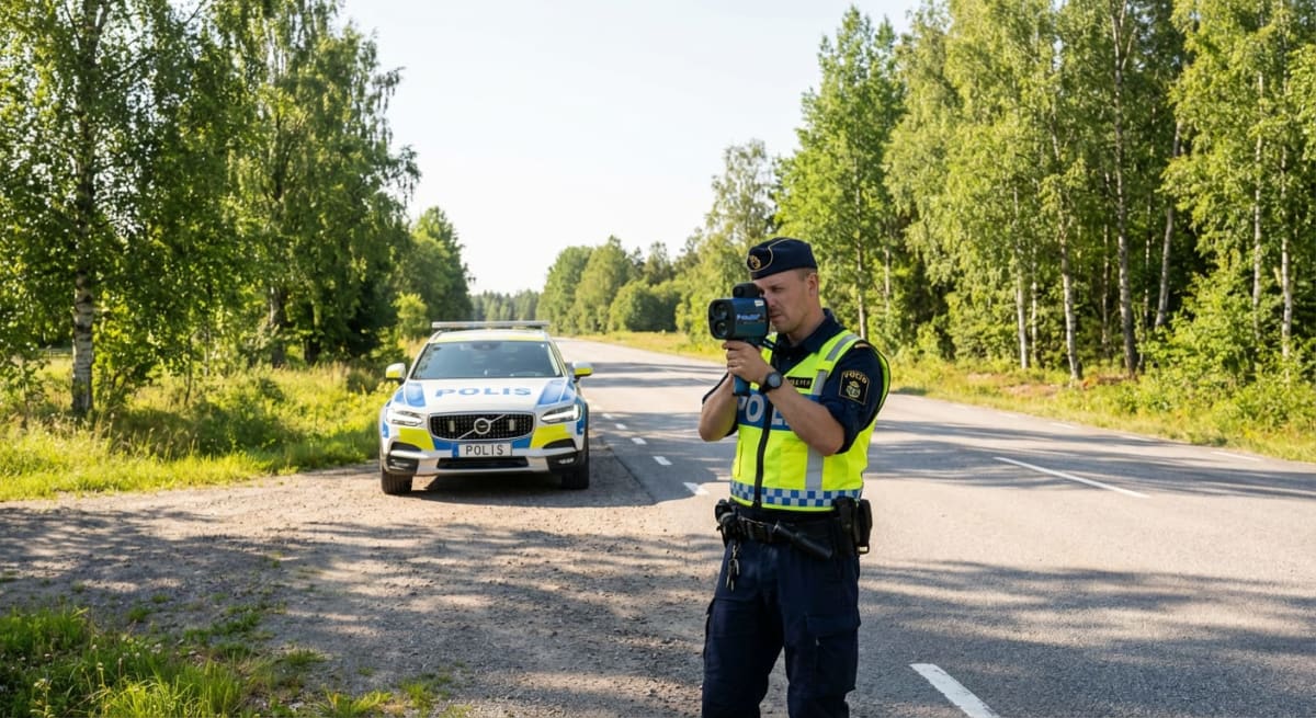 En polisman, iklädd uniform och reflexväst, står på en grusväg vid sidan av en asfalterad väg och håller i en fartkamera. Bakom polismannen står en polisbil parkerad. Grönskande träd och buskar kantar vägen under en solig himmel.